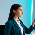 A thoughtful female digital artist in a professional, modest attire, such as a tailored blazer and neat blouse, gently gesturing towards a holographic display showing abstract digital art, with her hand positioned above a sleek digital tablet. Her expression is focused and creative, emphasizing human direction. The scene is set in a modern, brightly lit art studio or tech workspace with clean lines, subtle futuristic elements, and soft ambient lighting. There are ergonomic office chairs and potted plants for a professional, inviting atmosphere. perfect anatomy, correct proportions, natural pose, well-formed hands, proper finger count, fully clothed, appropriate attire, modest clothing, safe for work, appropriate content, professional photography, high resolution, sharp focus, soft lighting, professional, family-friendly.