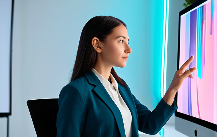 A thoughtful female digital artist in a professional, modest attire, such as a tailored blazer and neat blouse, gently gesturing towards a holographic display showing abstract digital art, with her hand positioned above a sleek digital tablet. Her expression is focused and creative, emphasizing human direction. The scene is set in a modern, brightly lit art studio or tech workspace with clean lines, subtle futuristic elements, and soft ambient lighting. There are ergonomic office chairs and potted plants for a professional, inviting atmosphere. perfect anatomy, correct proportions, natural pose, well-formed hands, proper finger count, fully clothed, appropriate attire, modest clothing, safe for work, appropriate content, professional photography, high resolution, sharp focus, soft lighting, professional, family-friendly.