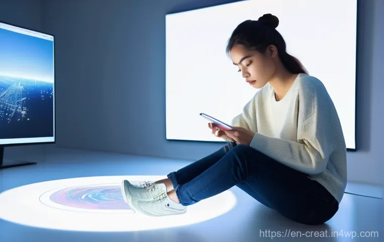 AI와 저작권  새로운 법적 도전 - **Prompt:** A young female artist, mid-20s, with a thoughtful expression, seated at a modern digital...