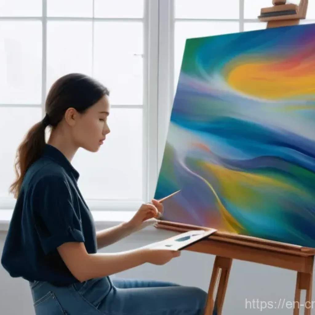AI 콘텐츠 저작권 관련 법률 업데이트 - The Human Touch in a Digital Art Studio**
A wide shot of a brightly lit, modern art studio. In the ...