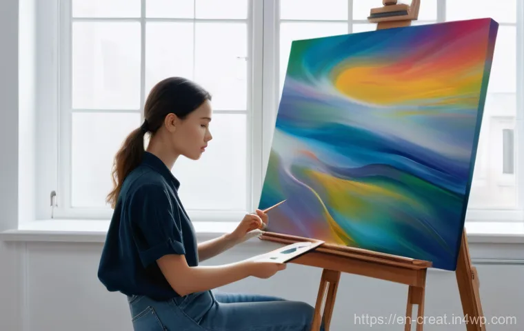 AI 콘텐츠 저작권 관련 법률 업데이트 - The Human Touch in a Digital Art Studio**

A wide shot of a brightly lit, modern art studio. In the ...