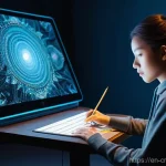 AI 저작권에 대한 사회적 논의 - **Prompt 1: The Creative Nexus**
    "A visually striking scene depicting a young female digital art...