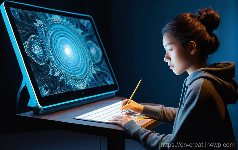 AI 저작권에 대한 사회적 논의 - **Prompt 1: The Creative Nexus**
"A visually striking scene depicting a young female digital art...