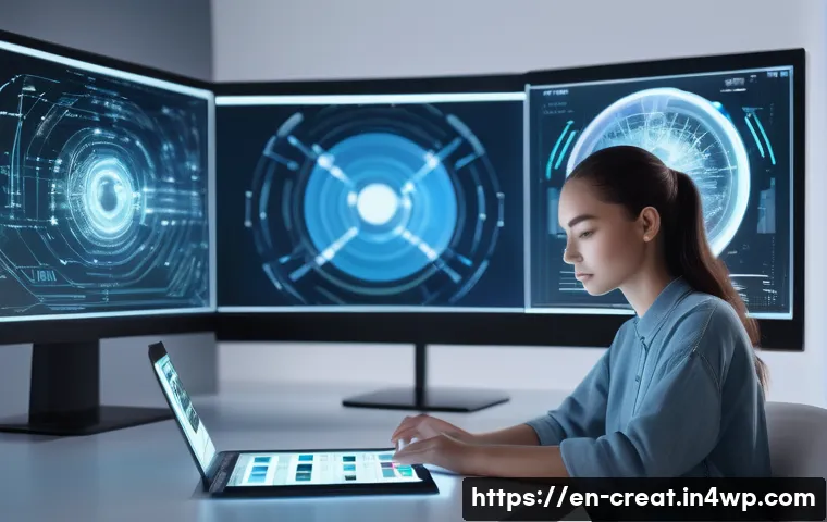 AI와 저작권 미래의 과제 - A modern digital artist’s workspace featuring a human creator collaborating with an AI interface on ...