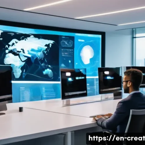 AI 저작물 상업화의 법적 문제 - A futuristic legal office scene showing a diverse group of professionals discussing AI-generated art...