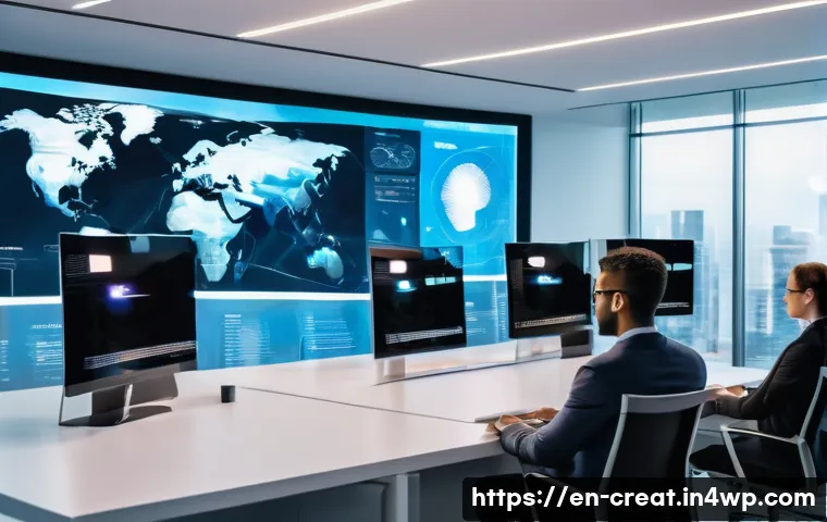 AI 저작물 상업화의 법적 문제 - A futuristic legal office scene showing a diverse group of professionals discussing AI-generated art...