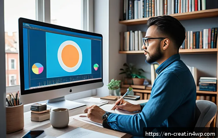 AI 저작권 보호를 위한 최선의 실천 - A modern digital artist&rsquo;s creative workspace showing a large high-resolution monitor displaying AI-g...