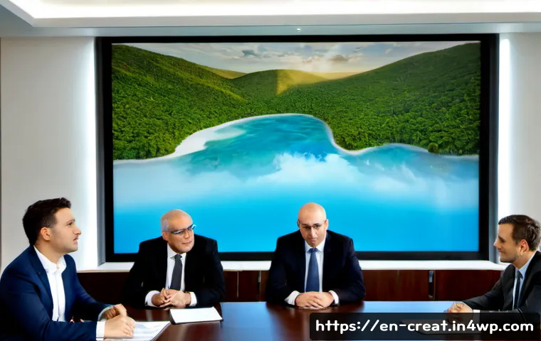 Home 17 AI 저작권을 둘러싼 글로벌 트렌드 - Photorealistic editorial scene of an international copyright policy meeting, diverse legal experts a...